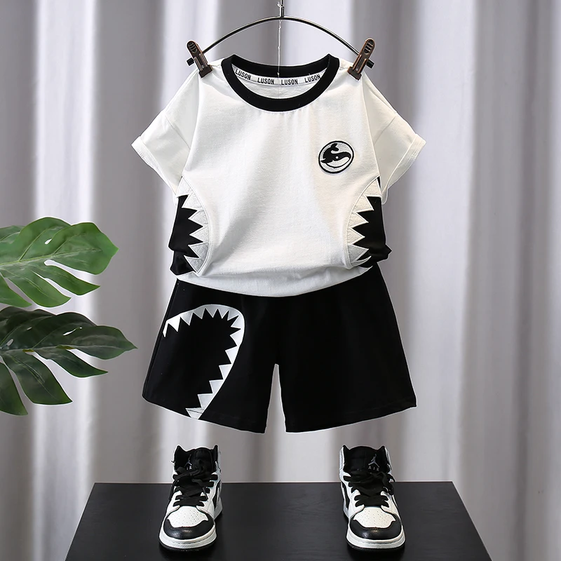 Kids Clothes Set Baby Boy T-Shirt +Shorts Summer Clothing Cotton Cartoon Shark Patchwork Design Casual Boys Tracksuit of 2-9Yrs