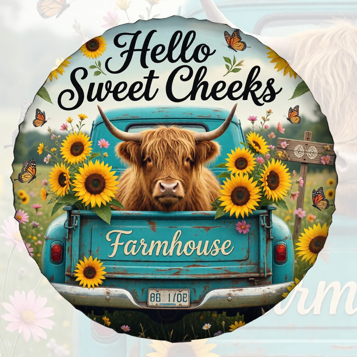 1pc Spare Tire Cover Highland Cow In Turquoise Truck With Sunflowers Weatherproof Dustproof Wheel Protectors Universal Wheel Cov