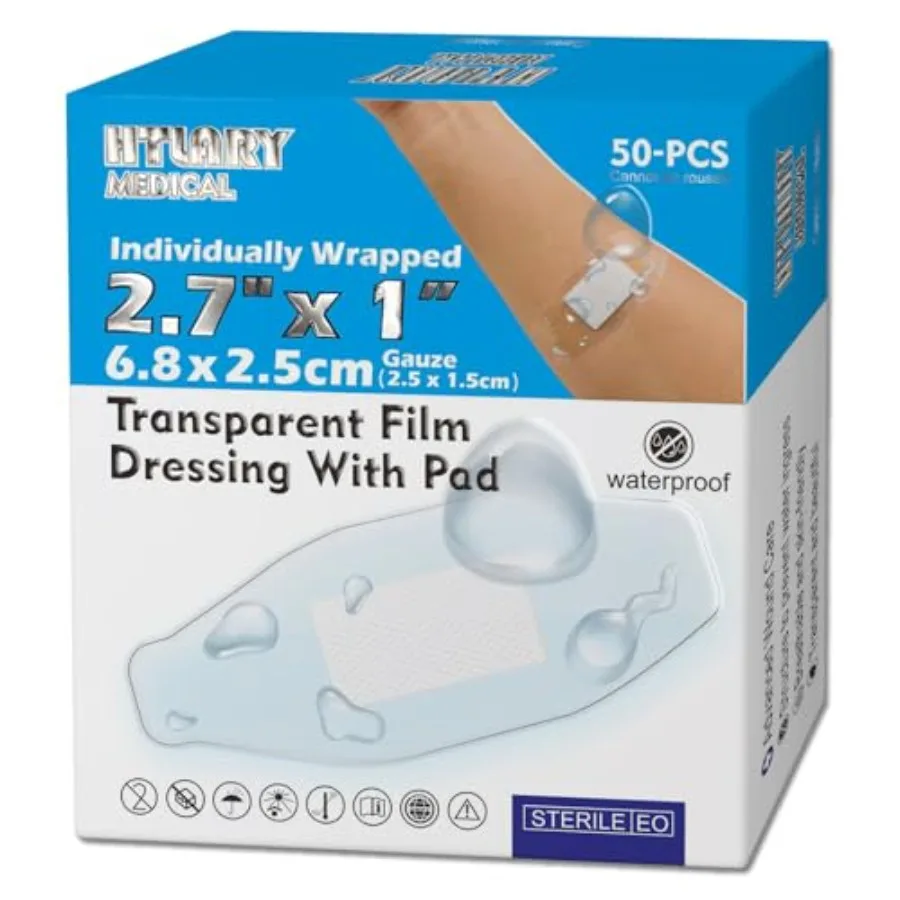 

Waterproof Transparent Film Dressg with Absorbent Pad 50-Pack Sterile Adhesive Bandages Post-Surgical Wound Cover, Protective B