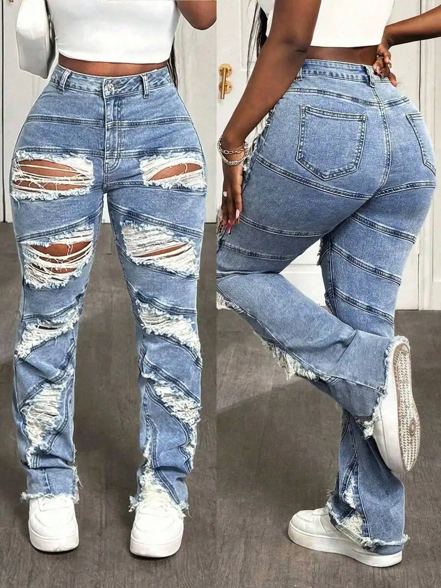 

Женские джинсы с высокой талией, рваные, с эффектом потертости, расклешенный низ, уличный стиль для весны и лета