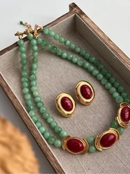 Brass Vintage Natural Green Jade Beads Chain Necklace Women Jewelry Punk Designer Runway Gown Boho Japan Korean
