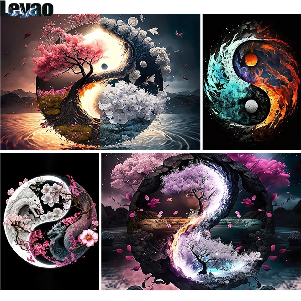 Ying Yang Diamond Painting Tai Chi Landscapes 5D Diamond Art Full Drill Cross Stitch Mosaic Kits Animal Tree Rhinestone Pictures