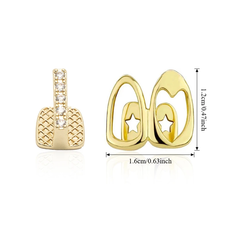 Conjunto de grelha de dentes hip hop, 2 peças, design oco dourado e prateado, decoração de lacuna de dente com padrão de amor, joias para uso diário de festa