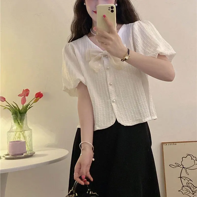 Korean Sweet V-Neck Bow Shirt Women\'s Clothing Elegant Single-breasted Summer Solid Color Casual Basic Short Sleeve Loose Blouse