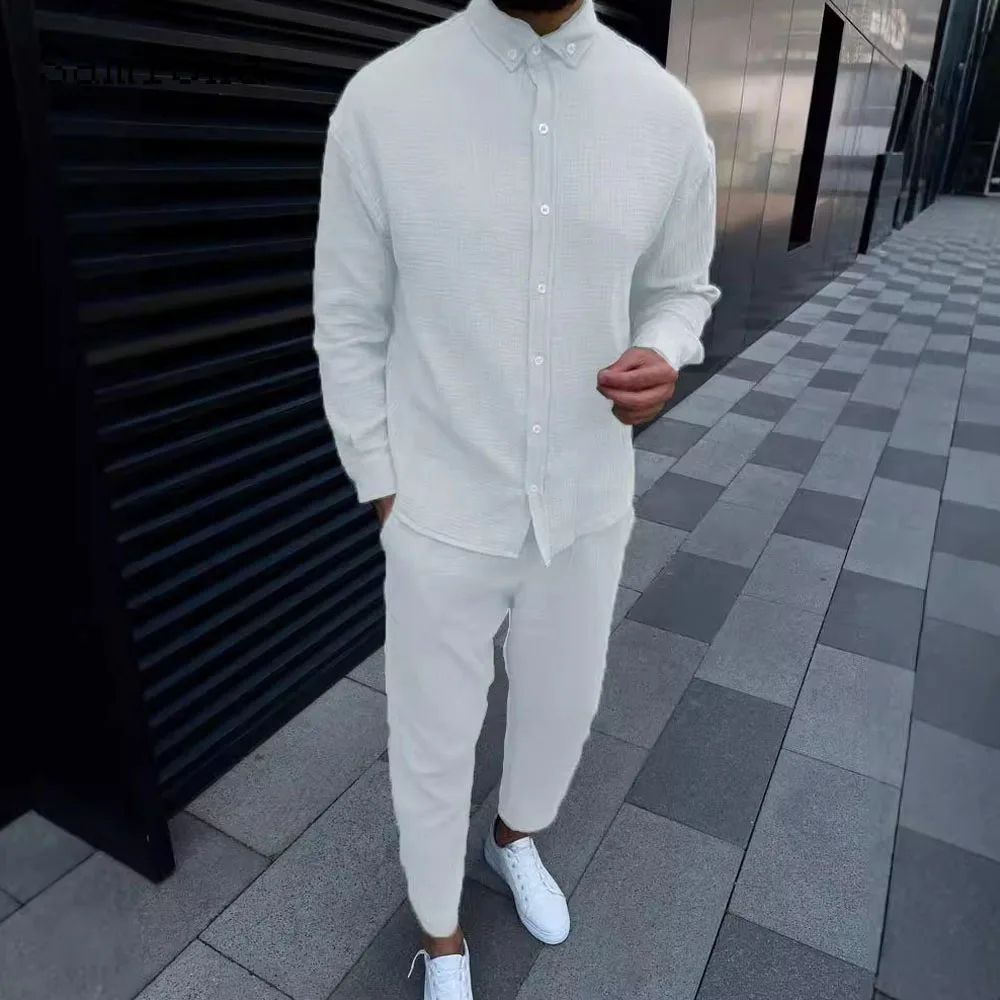 Men Casual Street Two Piece Sets 2024 Europe Style Vintage Blouse and White Ankle-Length Pants Suit Male Beach Tracksuits Set