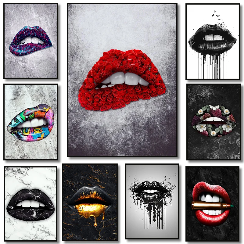 Luxury Modern Golden Lips Money Flower Poster Print Abstract Canvas Painting Wall Minimalist Art for Living Room Home Decoration