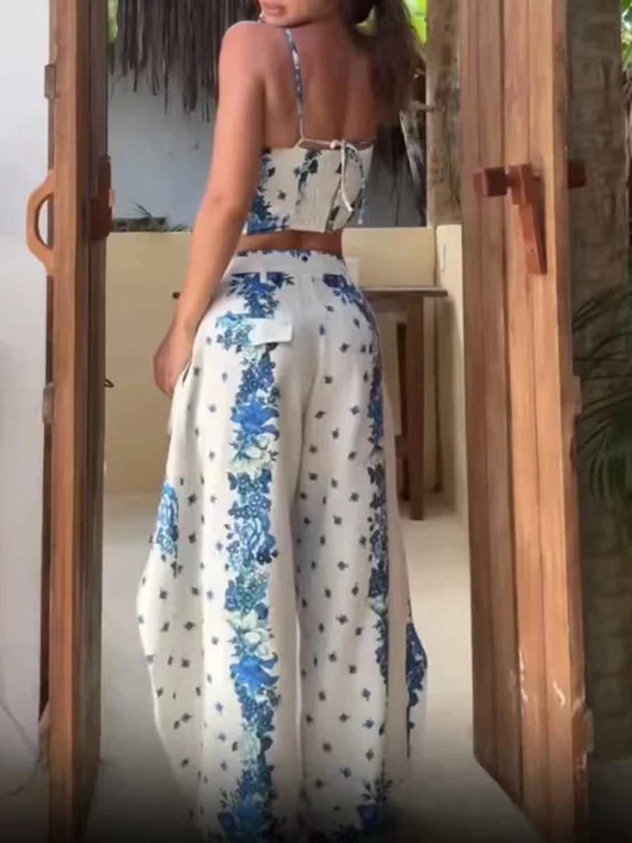 TWOTWINSTYLE Boho Floral Print Two Piece Set for Women Slim Fishbone Accent Corset Wrap Wide Leg Pants Suit for Vacation Beach view 3