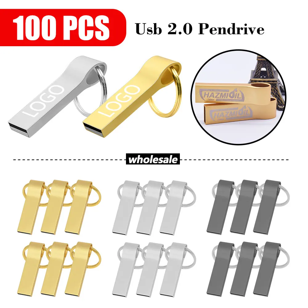 

100PCS/lot usb flash drive 64GB 32GB 16GB 8GB 4GB pendrive waterproof metal silver u disk memoria Free type c or micro adapter