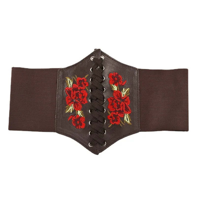 Fashion Luxury Rose Embroidery Wide Belt Retro 90s Vintage Designer Woman Belt Dress Corset Aesthetic Elastic Waistband Ladies