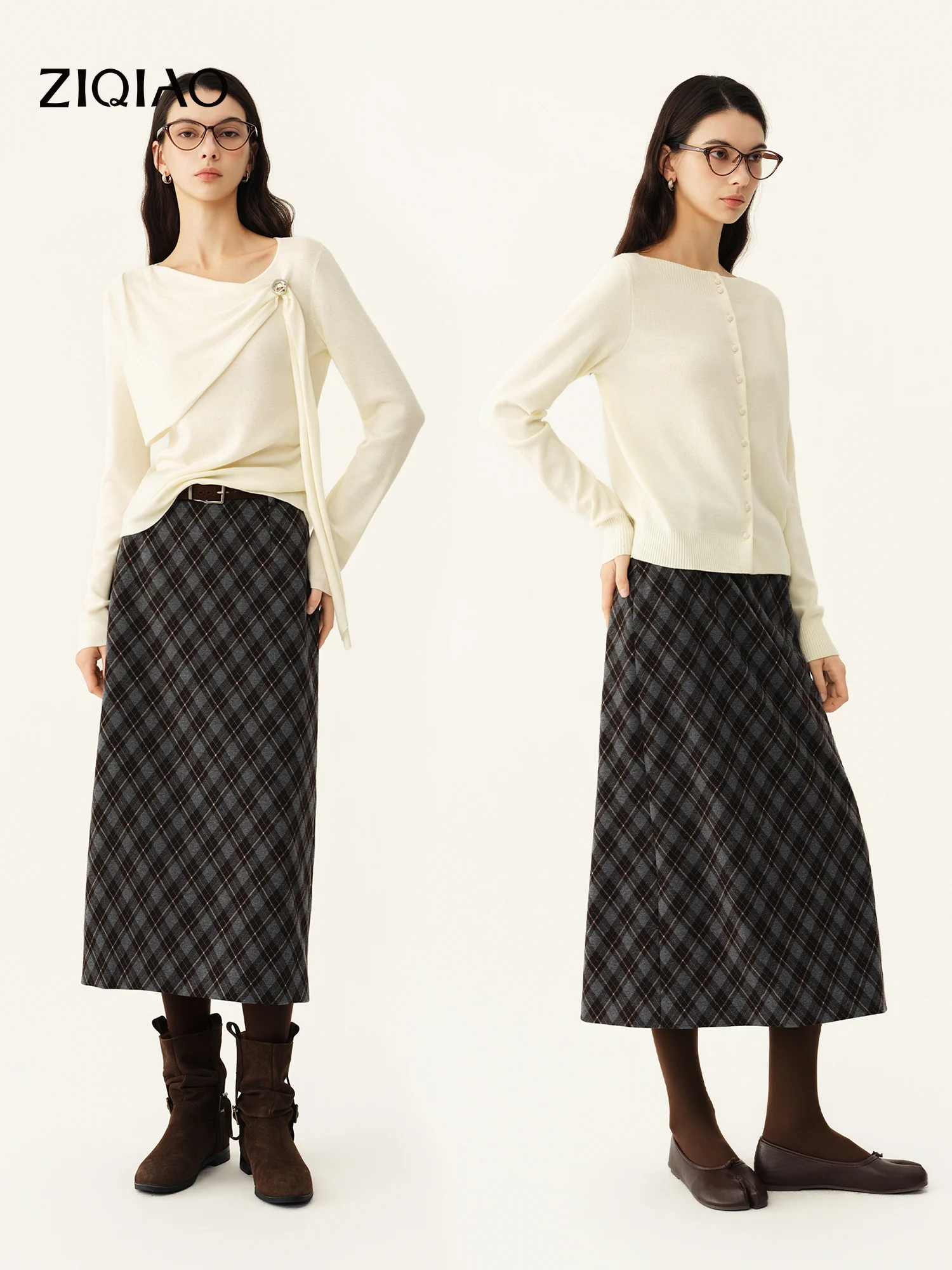 ZIQIAO Women Preppy Style Vintage Plaid Mid-Length Straight Skirt Thickened Warm Midi Half Skirt Elegant 2026 Winter New Arrival