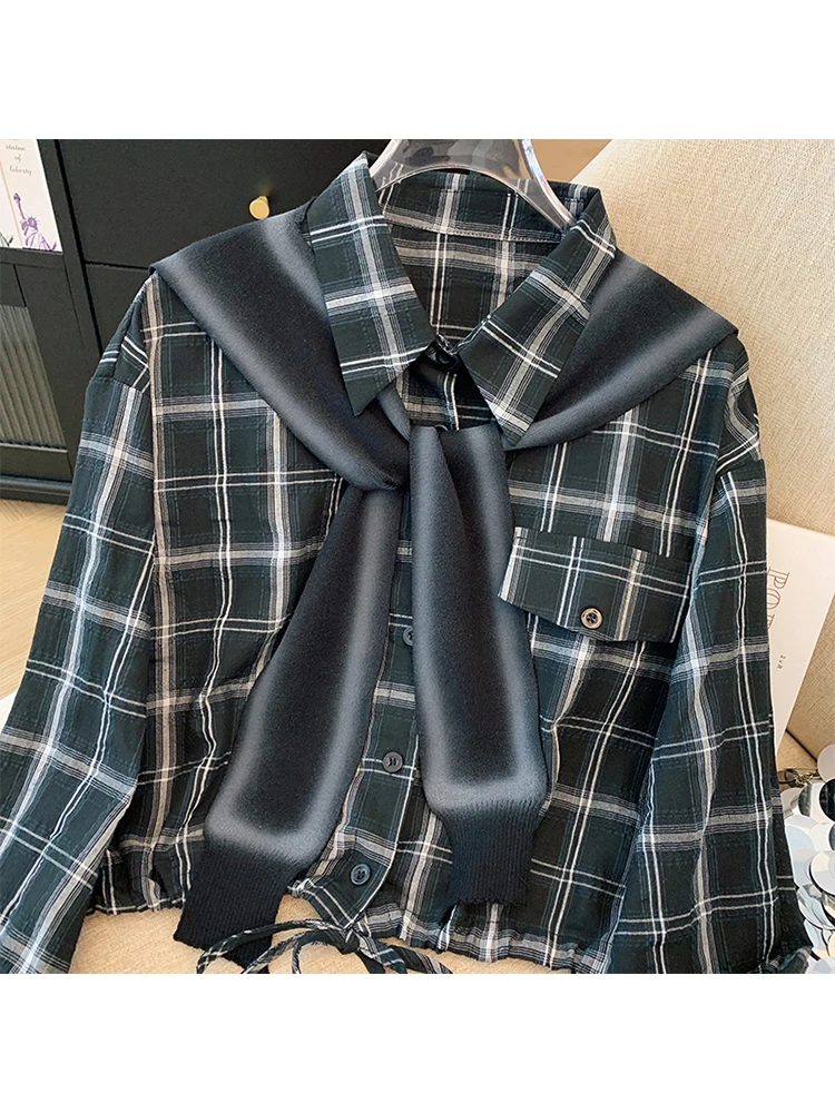 Fall Winter Women Y2k Harajuku Plaid Shirts With Knit Shawl Long Sleeve 2000s Tomboy Design Blouses College Style Shoujo Korean