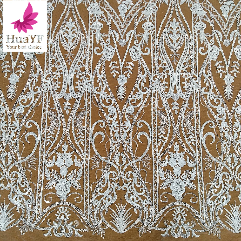 

New Arrival French Design White Bridal Dress Beaded Lace With Sequins Mesh Fabric HY3243-1