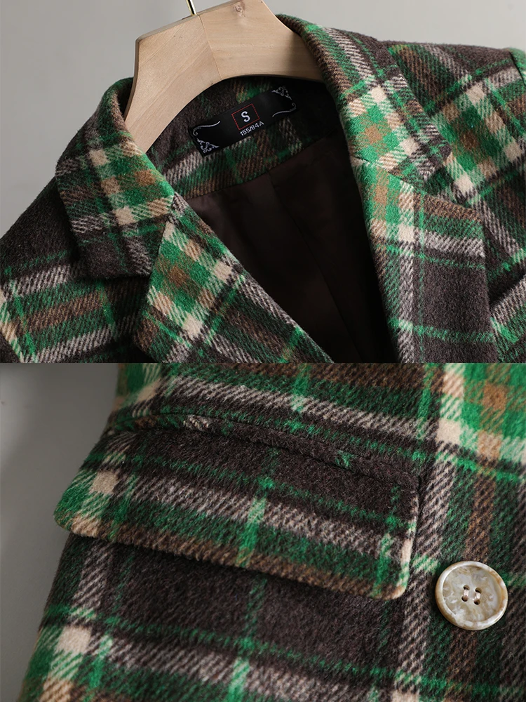 Fashion Ladies Blazer Women Blue Green Plaid Long Sleeve Female Casual Jacket For Autumn Winter