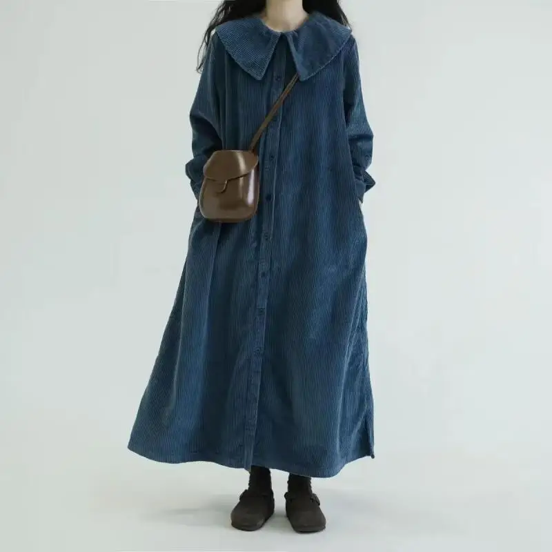 New Arrival Autumn Winter Preppy Style Women Long Sleeve Single Breasted Loose Dresses Vintage Corduroy Blue Long Dress