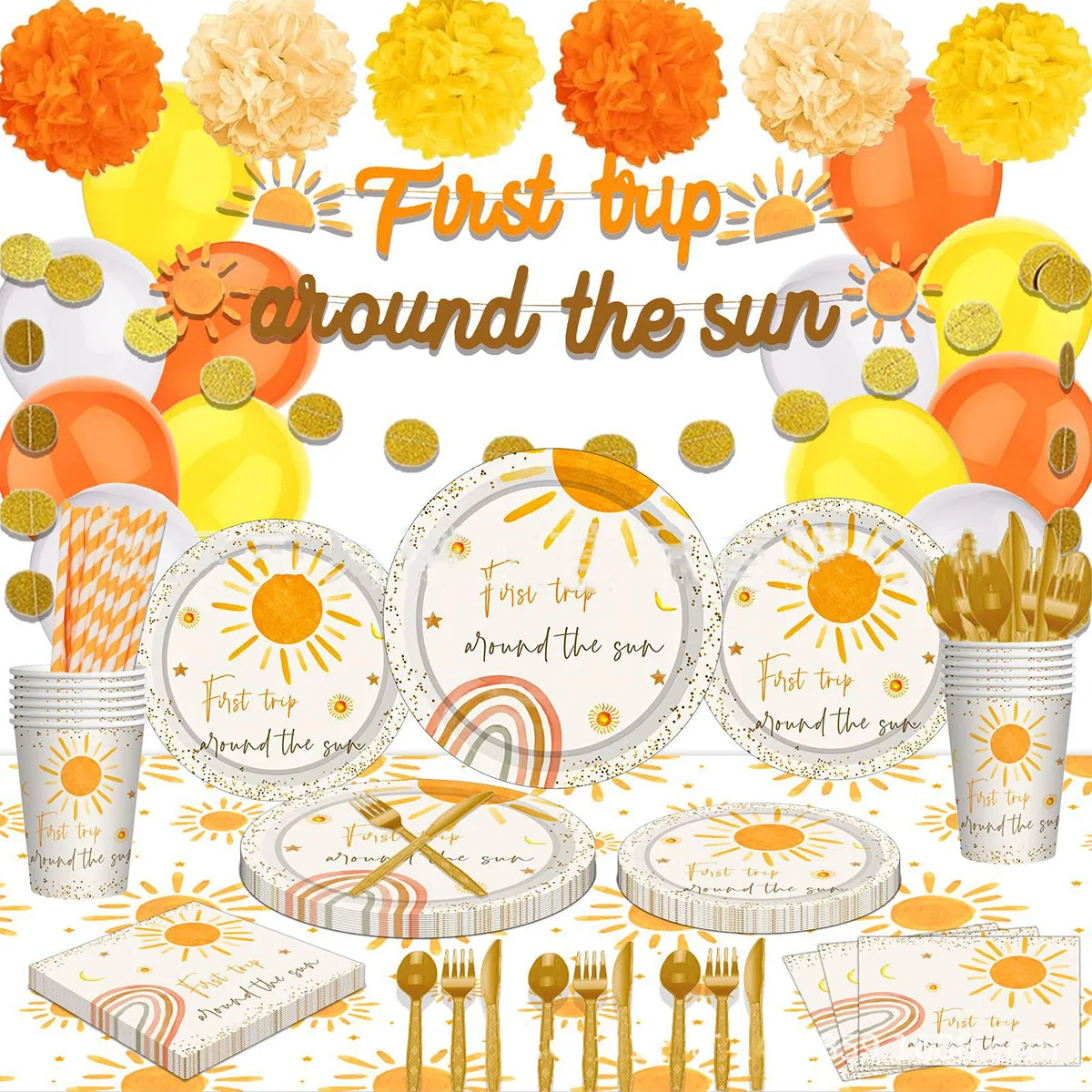 8pcs Travel Around The Sun Theme Tableware Sun Rainbow Paper Plate Cups Napkins Orange Balloon Set Happy Birthday Party Supplies