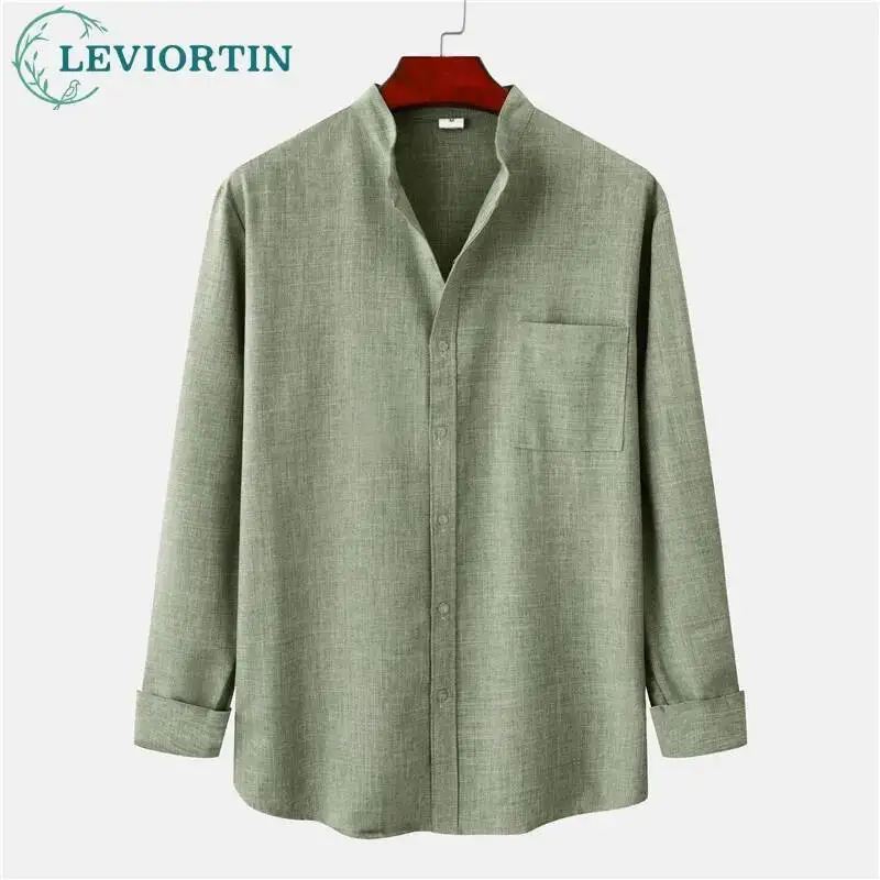 

Мужская весна/лето 2024, новая модная тенденция, универсальная повседневная рубашка с воротником-стойкой и свободным карманом, однотонная рубашка с длинным рукавом