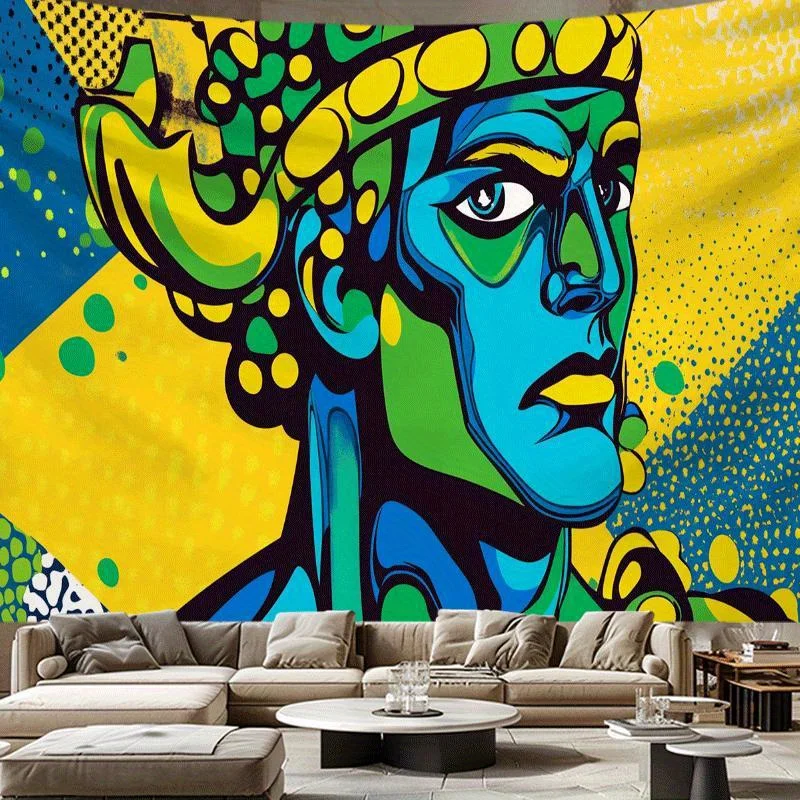 Aztec Warrior Tapestry, Blue Face Pop Art Wall Hanging, Tribal Boho Decor for Living Room Bedroom Dorm