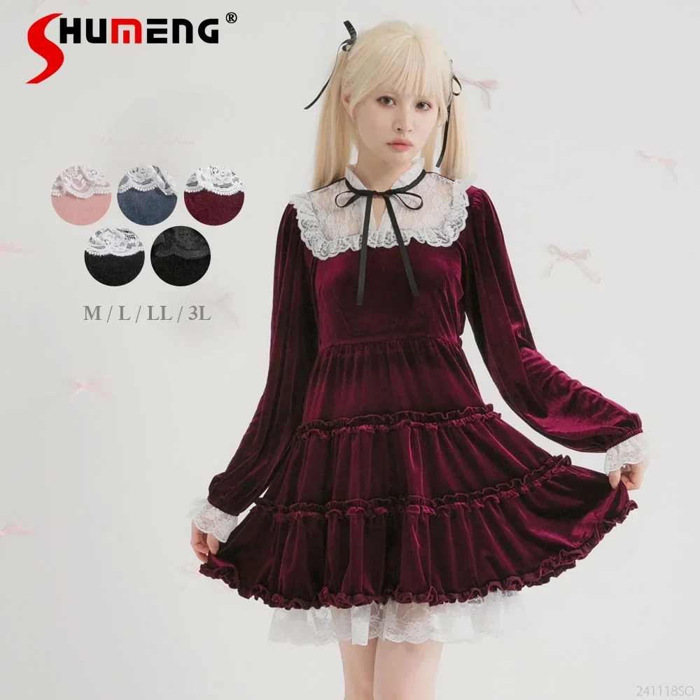 

Japanese Sweet Elegant Princess Velvet Dresses Lace Splicing Lace-up Bow Flare Long Sleeve Ruffles Cake Short Dress Women Autumn