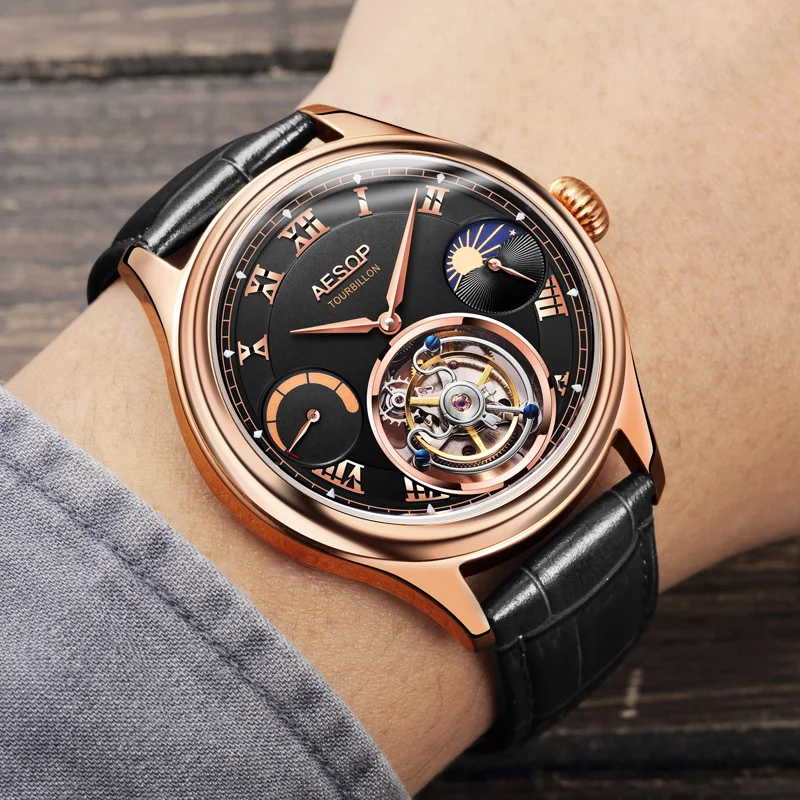 Aesop คู่มือ7001 Tourbillon การเคลื่อนไหวสังเคราะห์แซฟไฟร์คริสตัลสแตนเลสหนังแท้สะดวกสบายกันน้ำเรืองแสง