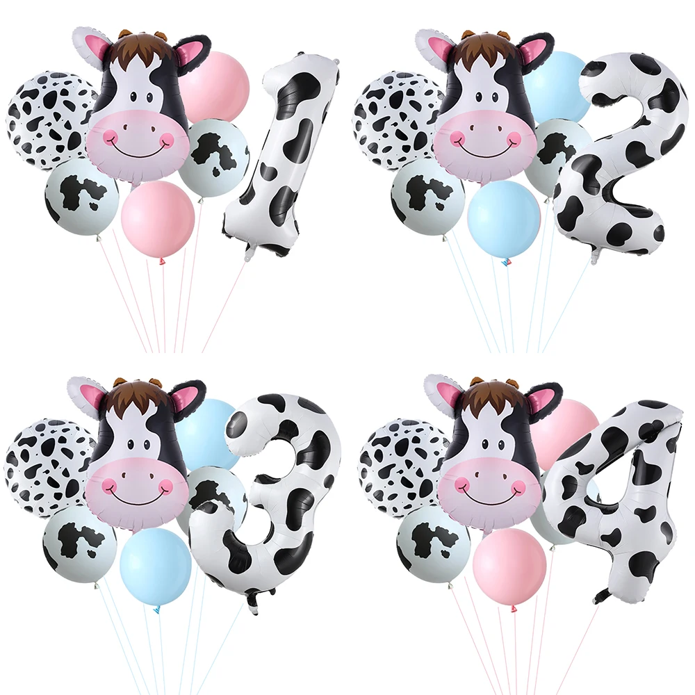 

7pcs Farm Pink Blue Cow Animal Theme Birthday Balloons set 40inch Cow Print Number 1-9 Cowgirl Cowboy Party Baby Shower Globos