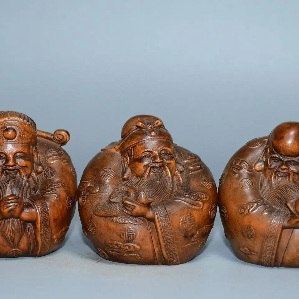 Hand Carved Wood Fat god of fortune, prosperity, longevity, and happiness Statue Figurine Desktop Ornaments Home Decoration