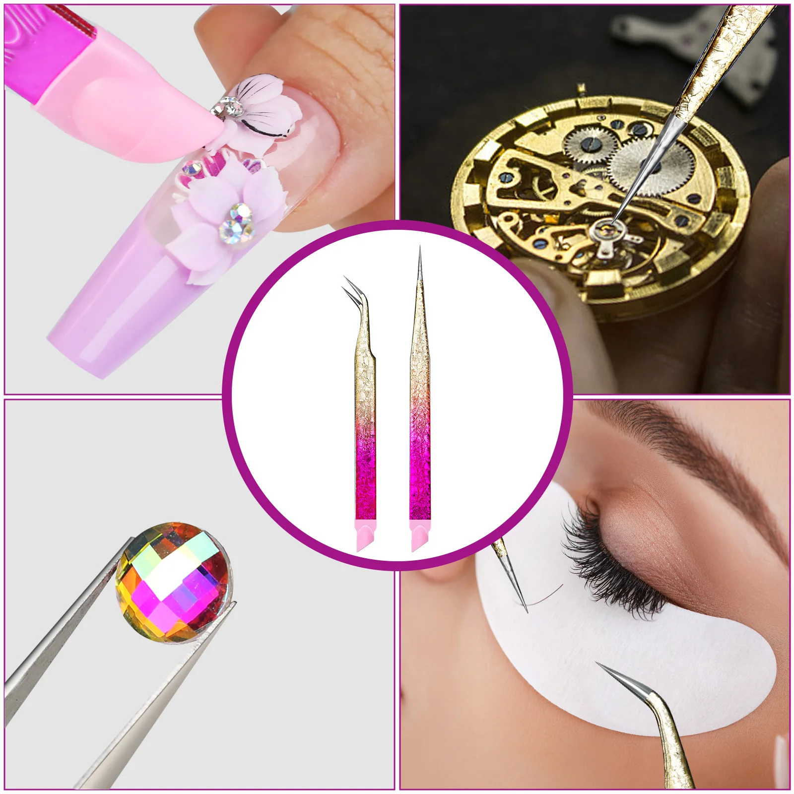 Multi-Purpose Eyelash Extension Tweezers – For False Eyelashes, Nail Stickers & Rhinestones, with Silicone Cushion Tip