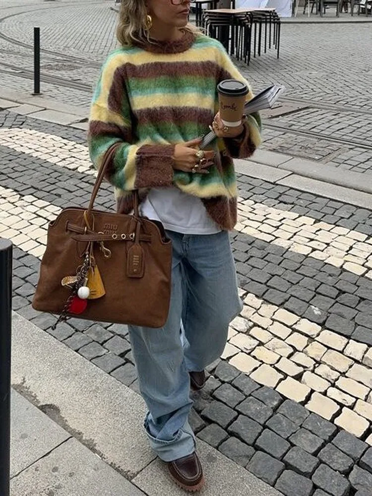 

Новый осенне-зимний повседневный красочный полосатый свободный женский вязаный свитер с длинными рукавами, винтажный женский теплый пуловер, джемпер, топы Y2k