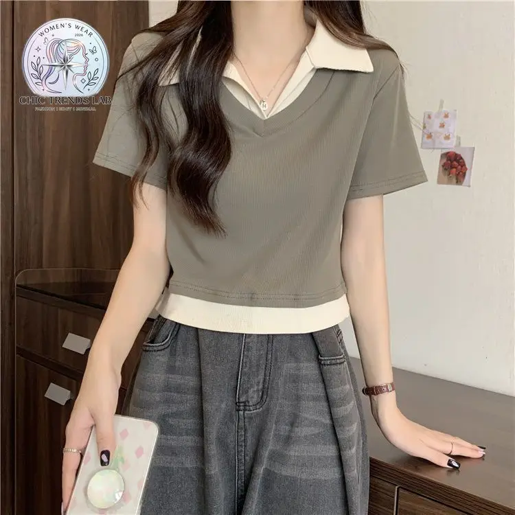 Women Contrast Trim Polo Collar Crop Top Summer Short Sleeve V-Neck Slim Fit Baby Tee Preppy Office Casual Y2K Two Tone T-Shirt