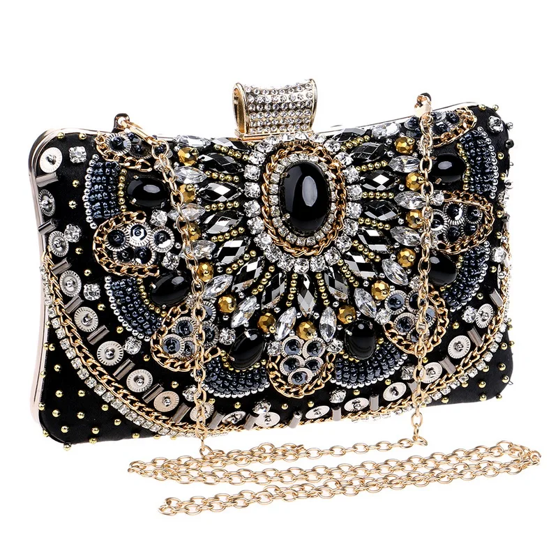 Vintage Women Black Beaded Evening Clutch Bags Ladies Box Metal Clutches Wedding Cocktail Party Handbags Purses