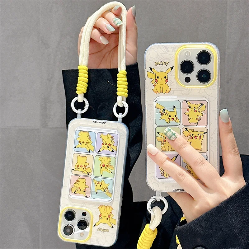 Japan Anime Cute Pokemon Pikachu Wallet Card Bag Bracelete Lanyard Phone Case per iPhone 11 12 13 14 15 Pro Max Anti-caduta Cover