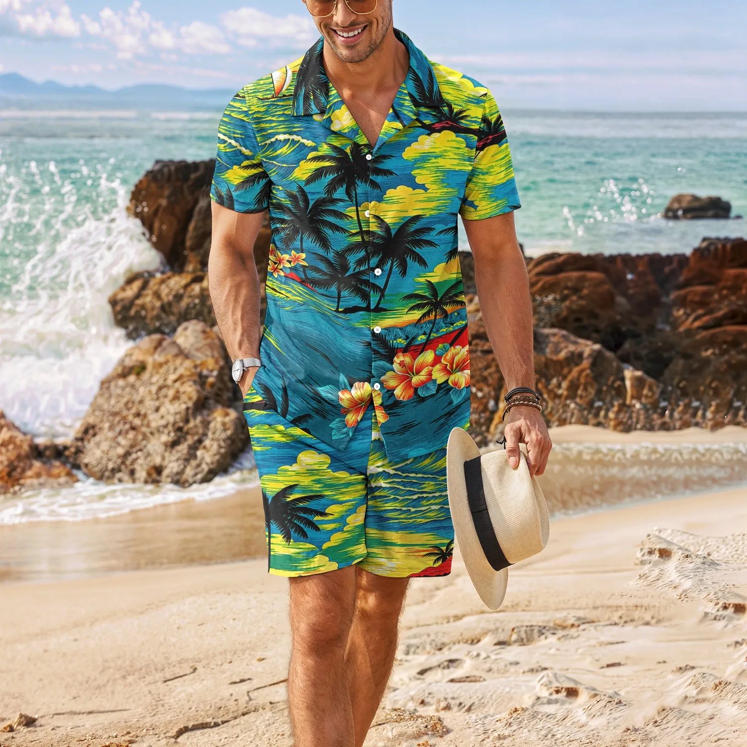 2025 New Palm Tree Tropical Men's Degree 3D Printed Hawaiian Shirt and Shorts Combo Casual Fashion Short Sleeve Shirt Set