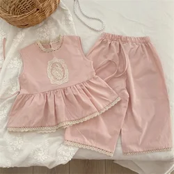 Conjuntos de ropa infantil para niña, conjunto de encaje Rosa dulce, camisa sin mangas con volantes y pantalones, 2 piezas, verano 2023