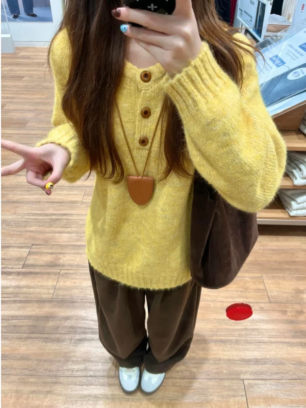 

plus Size Women's Soft Sle Yellow Long Sve Knitted Sweater Autumn Winter New Lazy High-End Feeling Versatile Fem Top