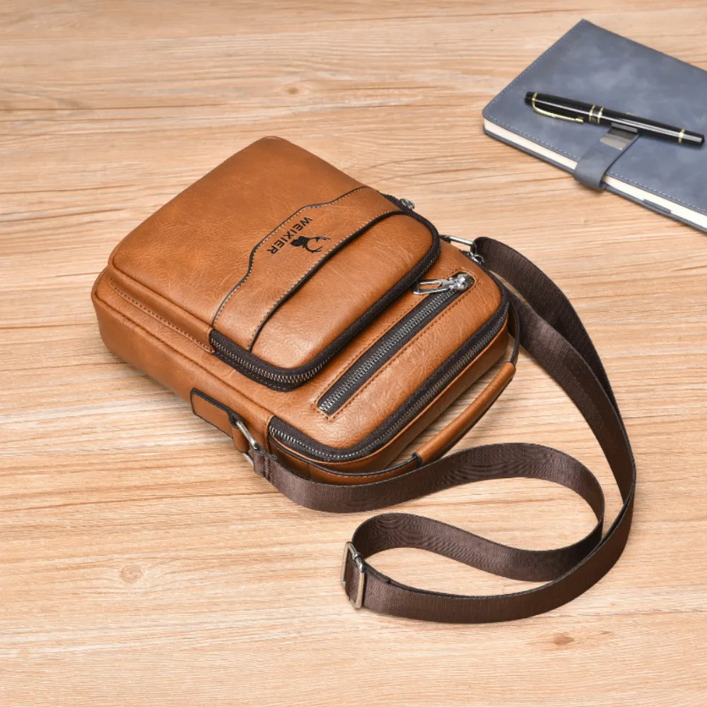 Men's vertical hand-held crossbody bag, lightweight multi-pocket PU leather travel single-shoulder bag