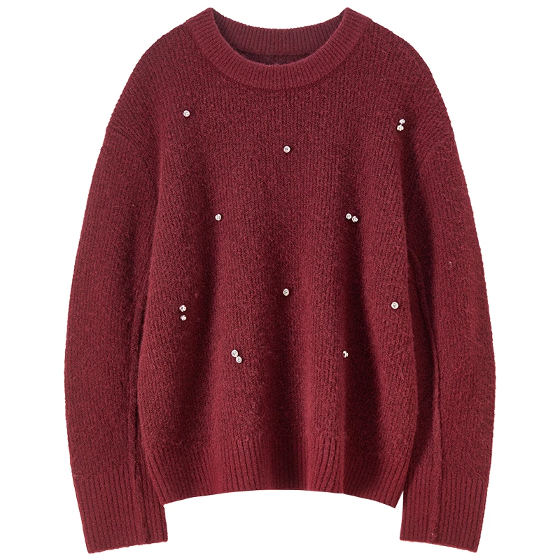 SENTUBILA المرأة رداء علوي من الصوف البلوز 2025 الخريف ركاب اليدوية حجر الراين س الرقبة فضفاضة خفيفة الوزن محبوك W53EE3375