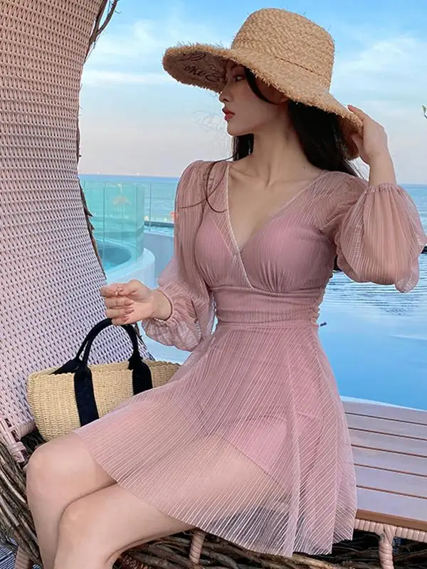 

Женский купальник с глубоким V-образным вырезом, сексуальный, с эффектом пуш-ап, с длинными рукавами, для термальных источников, корректирующий, больших размеров, со стальными вставками, повседневный