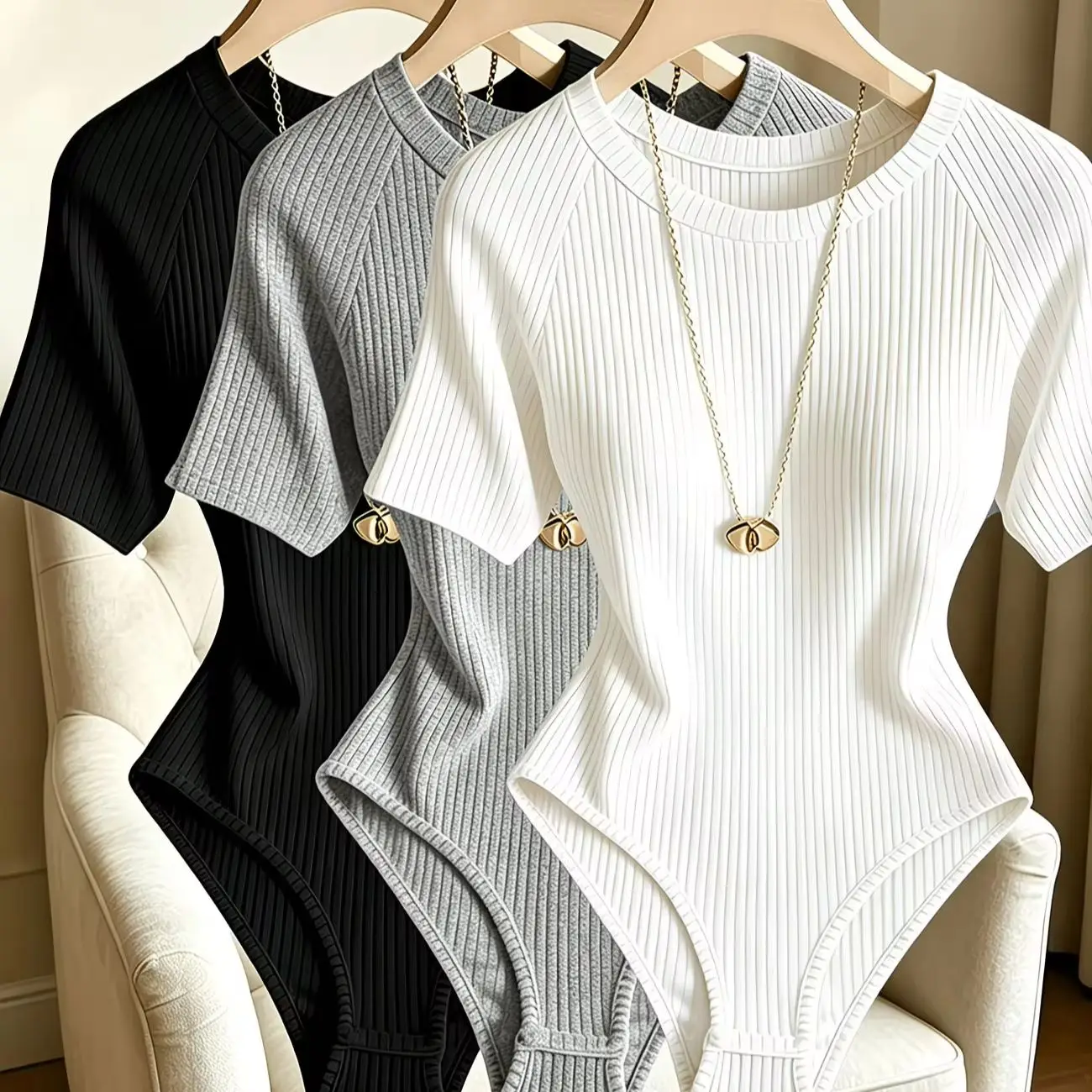 Combinaison à manches courtes et col rond pour femmes, 3 pièces, style décontracté basique