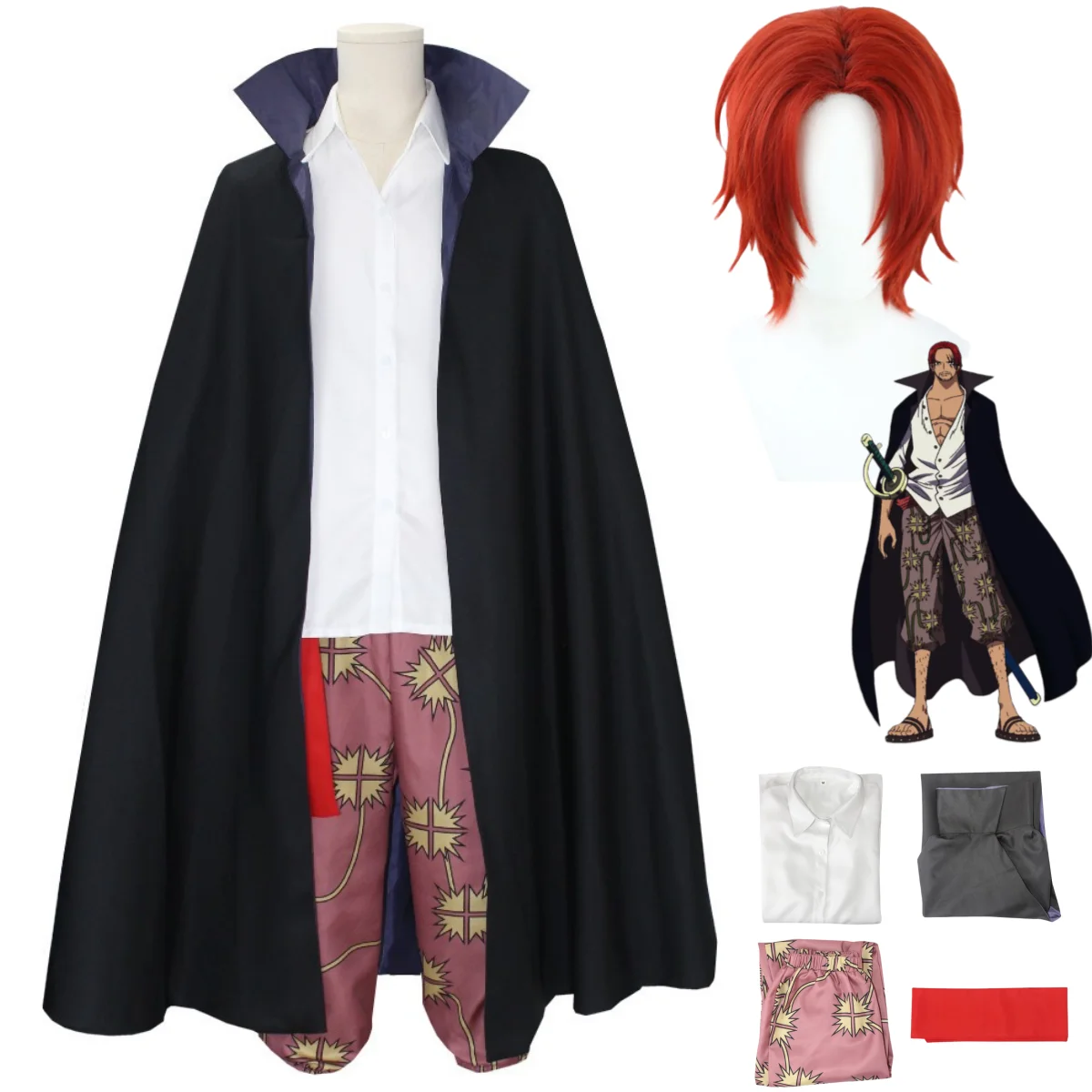 Anime Red Hair Shanks Cosplay Costume Four Emperors Wig Black Cloak Shirt Uniform Full Set Adult Man Halloween Carnival Suit