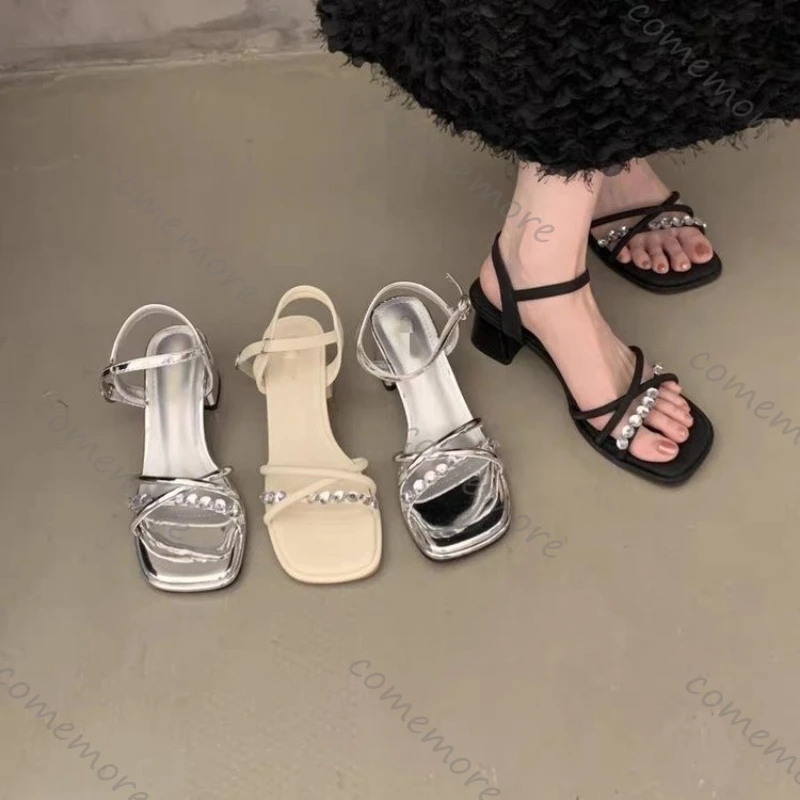 

Comemore Women's Rhinestone Heels Sandals Summer Vacation Elegant Strappy Party Heeled Pumps Comfortable Soft Sole Ladies Shoes