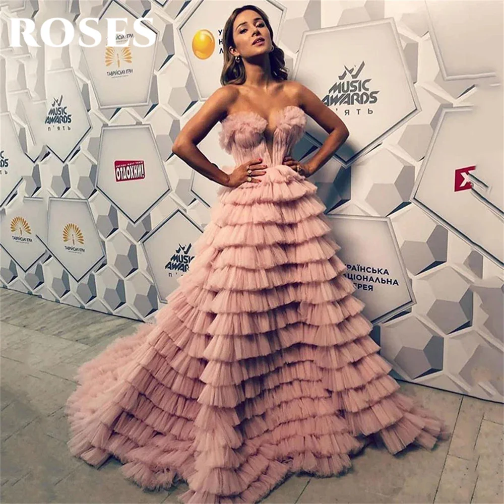 

ROSES Pink Evening Dress Luxury Multilaye Tulle فستان سهرة Fairy Sweetheart A-line Prom Dress Floor Length Party Dress Free Ship