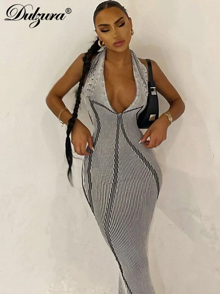 Dulzura Halter Backless Deep V-Neck Maxi Dress 2023 Summer For Women Sexy Striped Bodycon Y2K Clothes Outfits Club Streetwear