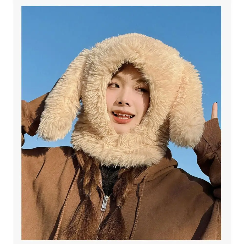 Cute Winter Rabbit Ears Plush Hat Cartoon Thickened Ear Protection Hat Soft Warm Bucket Hat Women