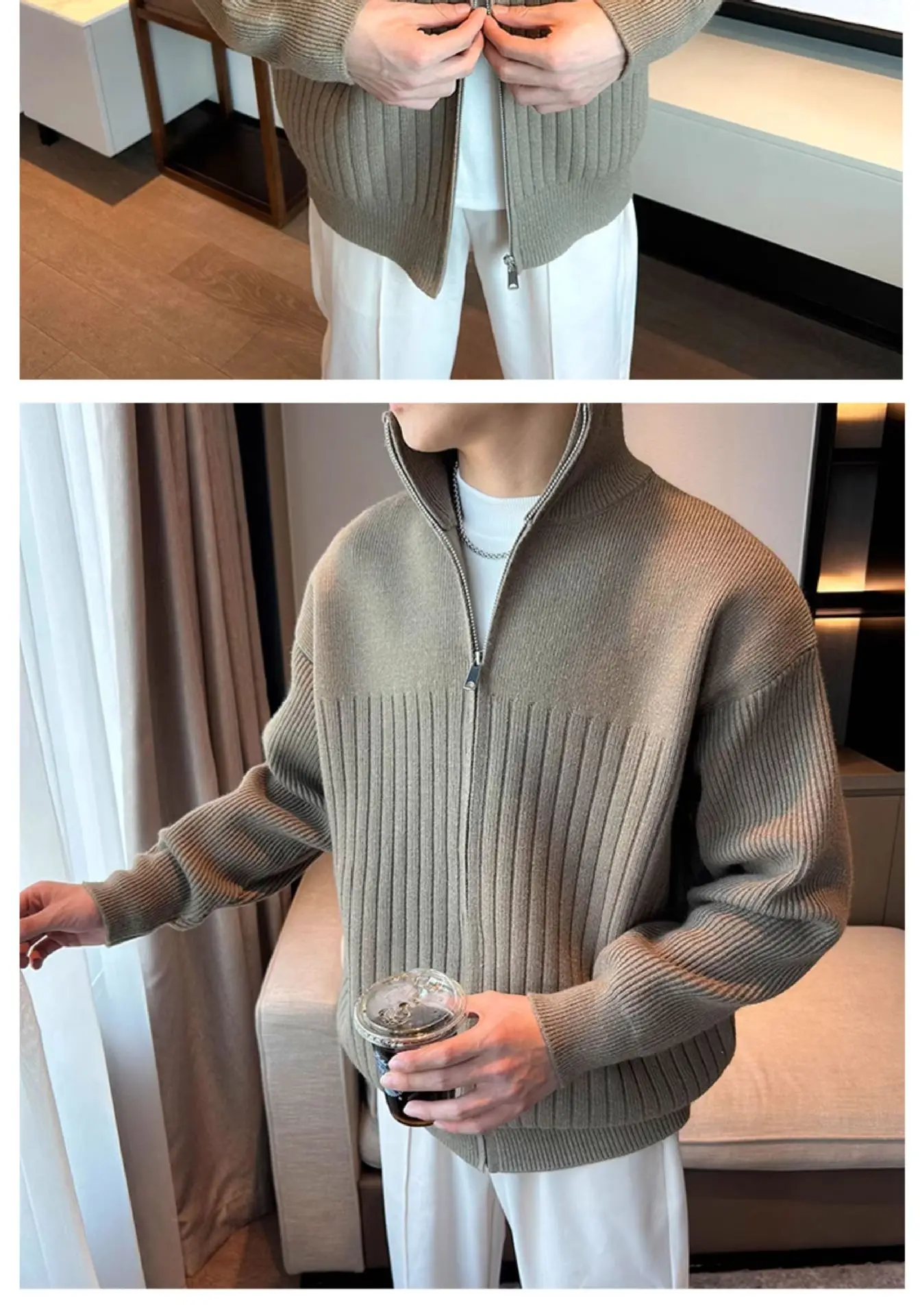 Herren Herbst Winter Gestreifter Cardigan Pullover Jungen Studenten Warme Jacke Herren Casual Pendlerjacke Weiche Bequeme Strickware – Detail 6