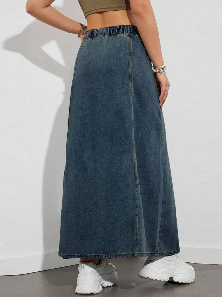 New Fashion Women\'s Denim Long Skirts Elastic Drawstring High Waist A Line Flare Jean Skirt for Summer, Spring