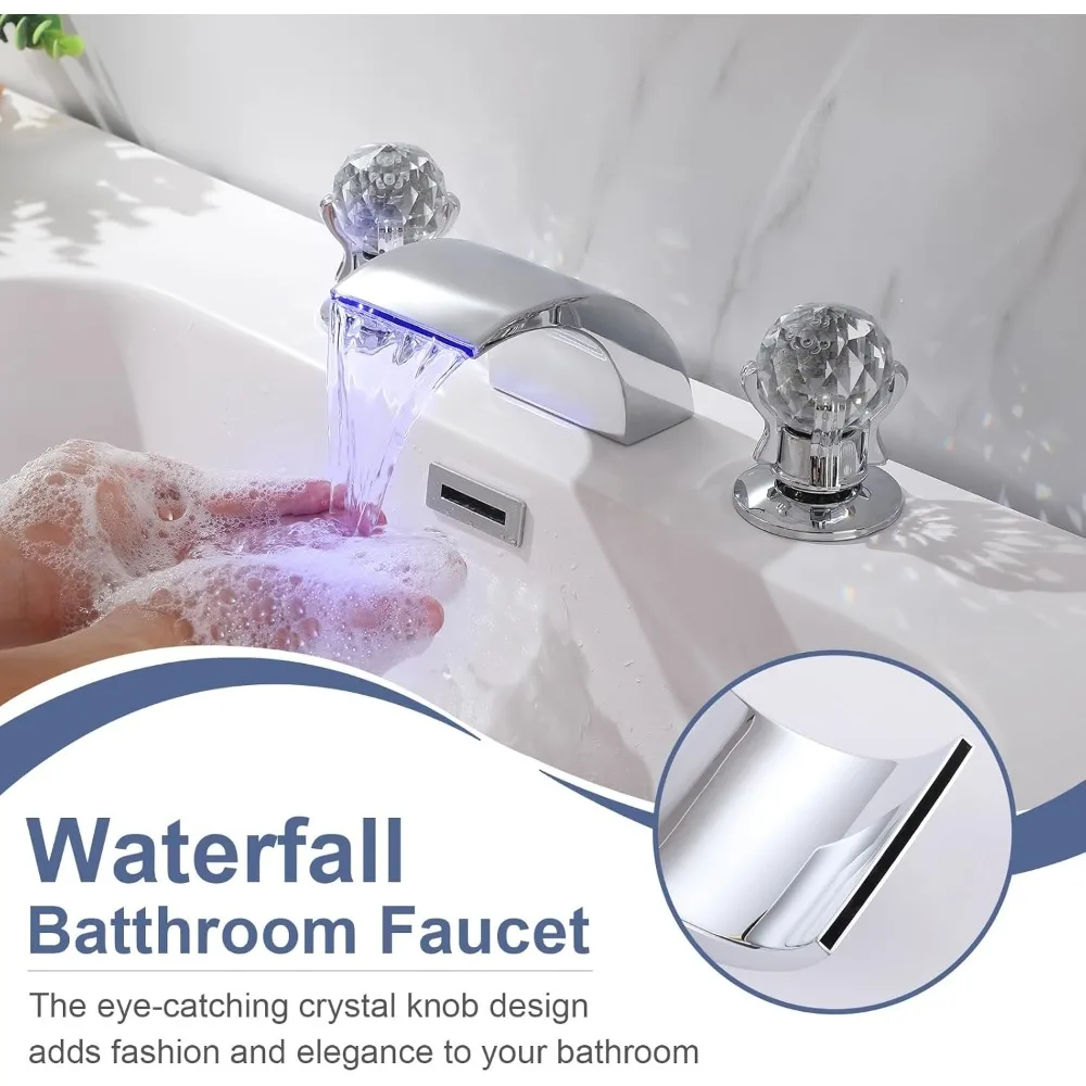 Keran Wastafel Kamar Mandi dengan Lampu LED, Fitur Air Terjun 3 Warna yang Berubah, dan Pegangan Kristal Ganda, Keran Mixer untuk 3 Lubang