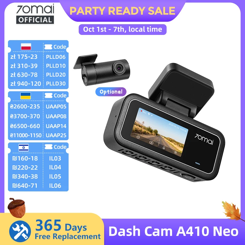【Nowość】Kamera samochodowa 70mai Dash Cam A410 Neo 2.5K HDR+1080P z superkondensatorem, przysłoną F1.6, GPS, trybem 24-godzinnego parkowania, maks. 256GB, rejestrator jazdy 70mai A410 Neo