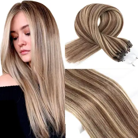 Kun Na Micro Loop Hair Extensions 100% Real Human Hair 14-24” Balayage Micro Bead Hair Extension Remy Hair Micro Link Human Hair