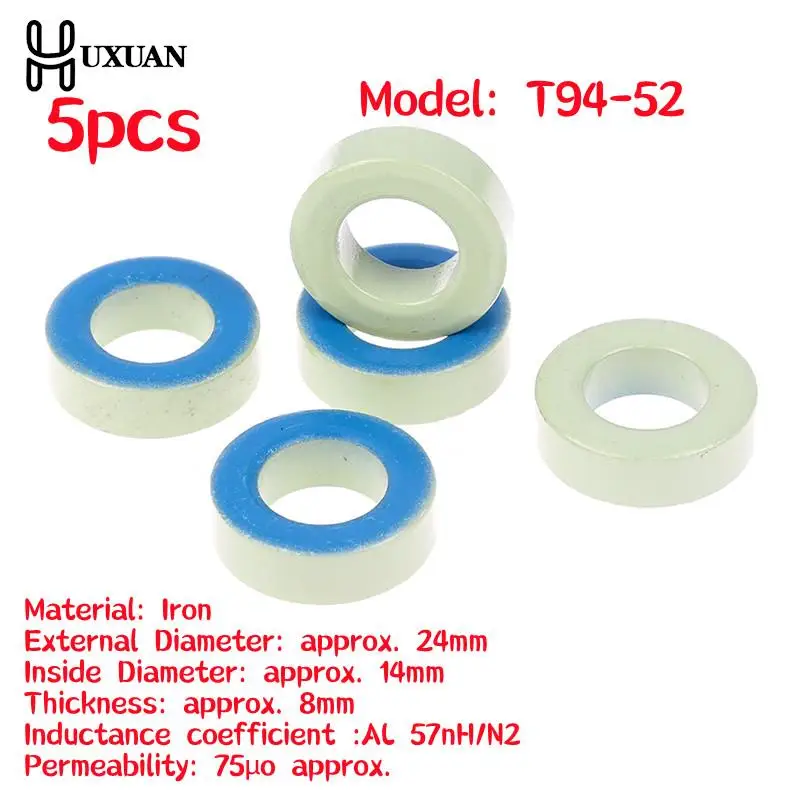 5pcs 24x14x8mm T94-52 Iron Ferrite Toroid Cores Blue Green Ring For Inductors Iron Powder Core Blue Green Ring