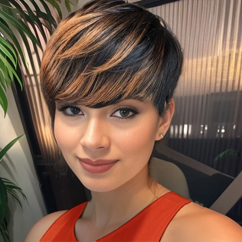 짧은 우아한 레이어드 픽시컷 인모 전체 기계식 가발 앞머리 포함 블랙/브라운 1B/30 색상