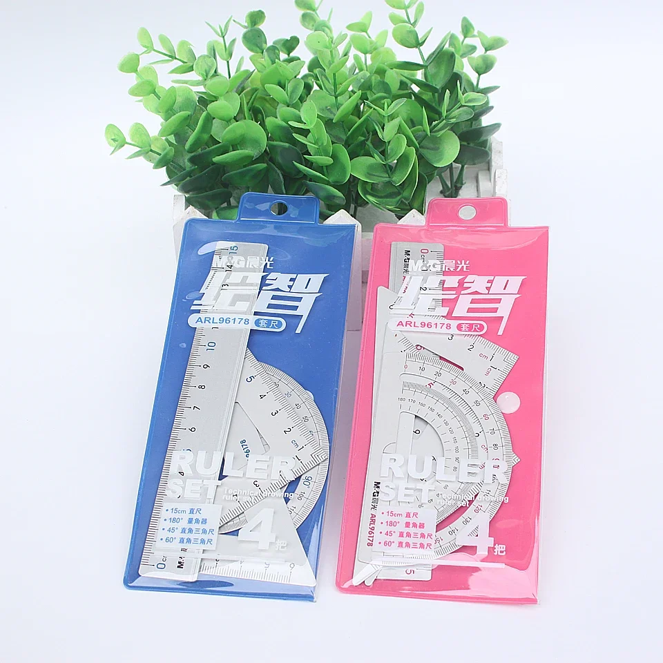 4pcs/set New Aluminum Ruler Aluminum Protractor Students Maths Geometry Metal Stationery Ruler Set Office School Supplies